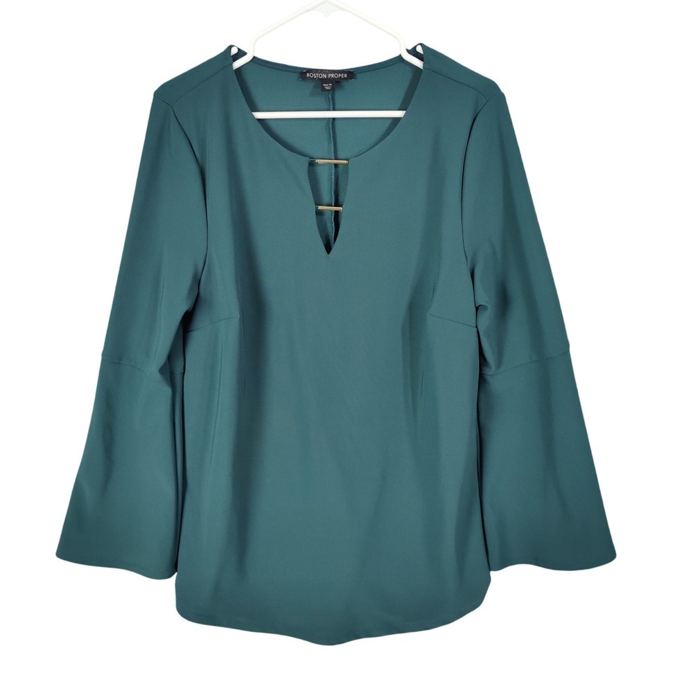Boston Proper Womens Modern Chic Flowy Blouse XL Teal Green Gold Bar Bell Sleeve